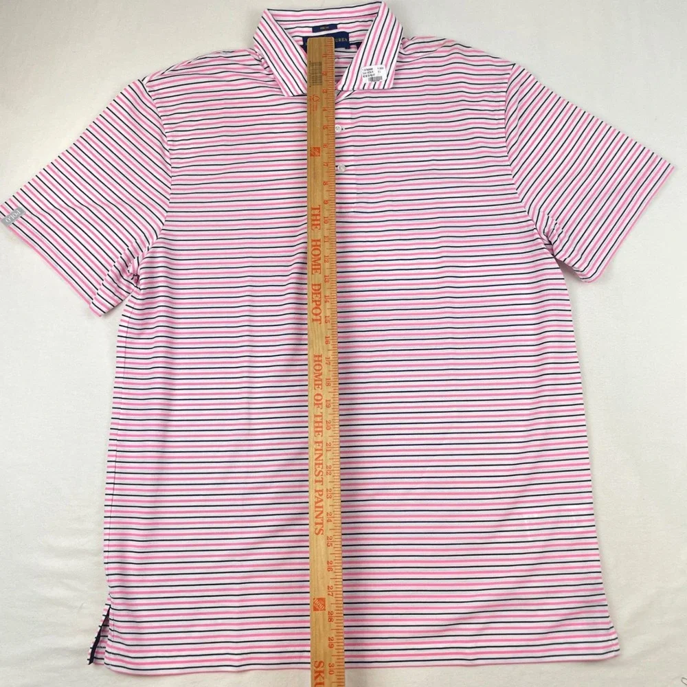 Ralph Lauren Pro Fit Men Polo Shirt Large Pink Navy Blue Striped Short Slv NWOT